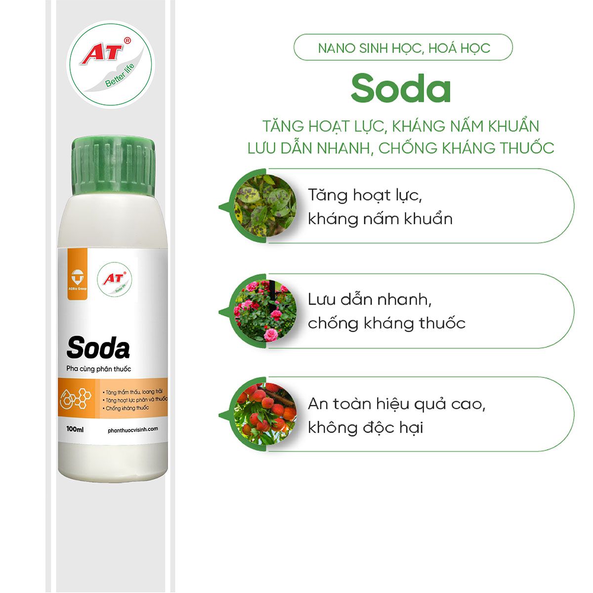 AT Soda - Kháng nấm khuẩn, Tăng hoạt lực, Lưu dẫn nhanh 1 Thuốc trị nấm cây trồng Soda kháng nấm khuẩn, lưu dẫn nhanh