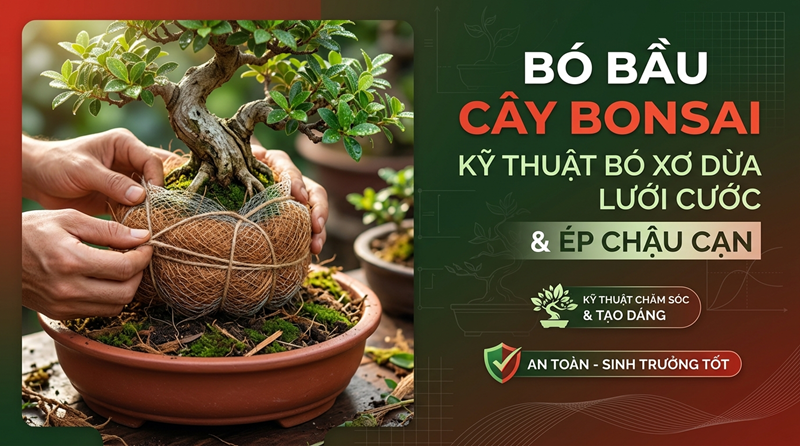 Bó Bầu Cây Bonsai: Kỹ Thuật Bó Xơ Dừa Lưới Cước & Ép Chậu Cạn Không Vỡ Rễ Cám